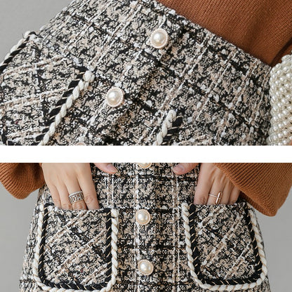 High Waist Single Breasted Women's Tweed Pencil Skirt With Pocket Autumn Winter Plaid Retro Woolen Short Skirts Female