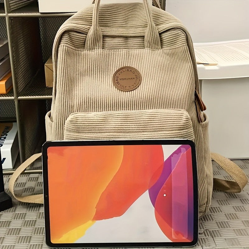 Casual Corduroy Backpack for Teens, 14 Laptop Compartment, High School & College Bag with Zipper Pocket, Backpacks for School