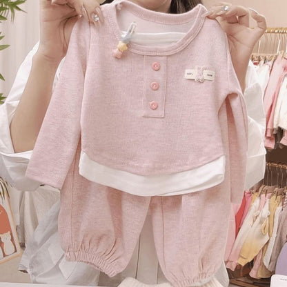 Girls Autumn Outfits Fashionable False Two-Piece Tops and Pants 2 Piece Set Stylish Korean Style Kids Clothing Cute Fall Clothes