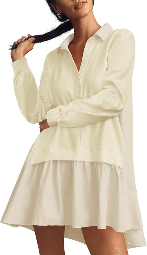 Fisoew Womens Grunge Aesthetic Dress Long Sleeve V Neck Oversized Pullover Loose Fit Mini Tennis Dress Y2K Style