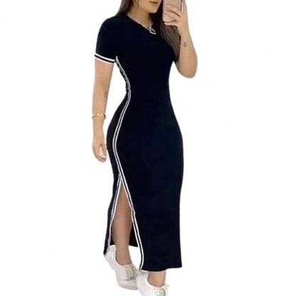 Elegant Summer Women Dress O Neck Side Slit Slim Solid Color Short Sleeves Striped Skinny Maxi Dress