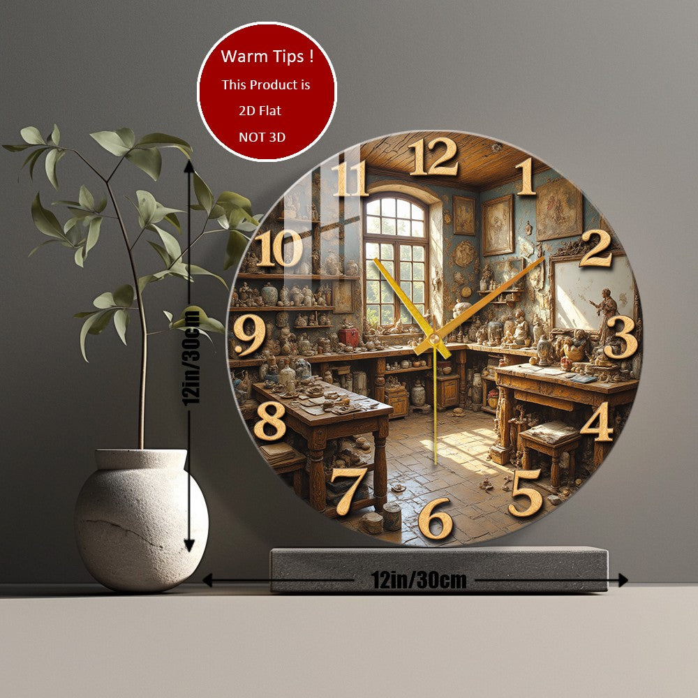 Tempered Glass Wall Clock Antique Studio Interior Scene Suitable For Wall Decor or Tabletop Display Anywhere