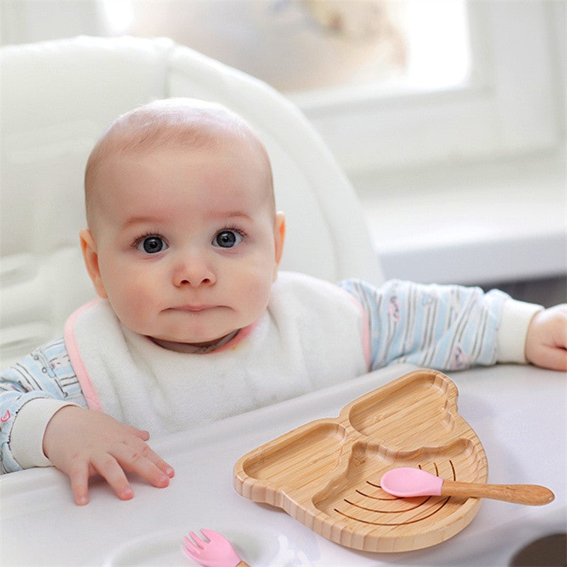 Baby Wooden Tableware Set Could Bamboo Wooden Plate Bowl Silicone Suction Wooden Handle Fork Spoon for Children Feeding Supplies