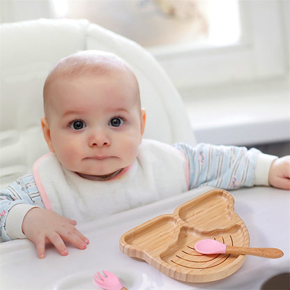 Baby Wooden Tableware Set Could Bamboo Wooden Plate Bowl Silicone Suction Wooden Handle Fork Spoon for Children Feeding Supplies