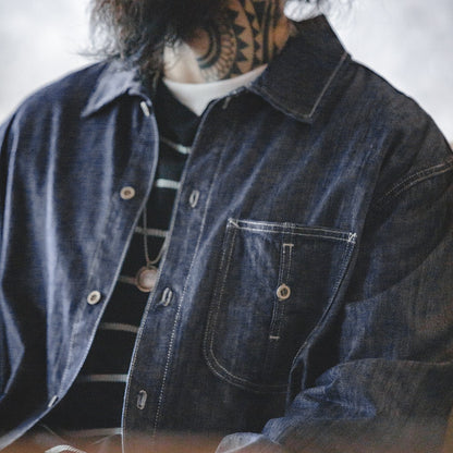 Maden Vintage Washed Pockets Denim Shirt for Men Casual Button Down Long Sleeve Shirt Male Loose Workwear Tops Large Pocket