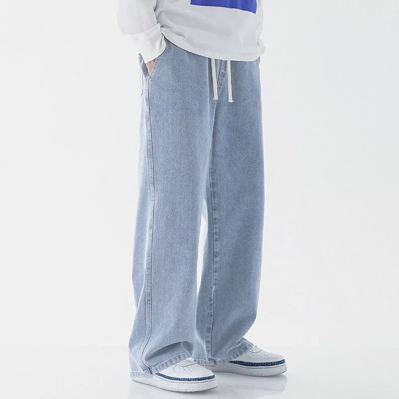 Casual Outdoor Men's Jeans Elastic Waist Loose Fit Long Pants Spring Autumn Workwear Comfortable Straight Leg Blue Denim
