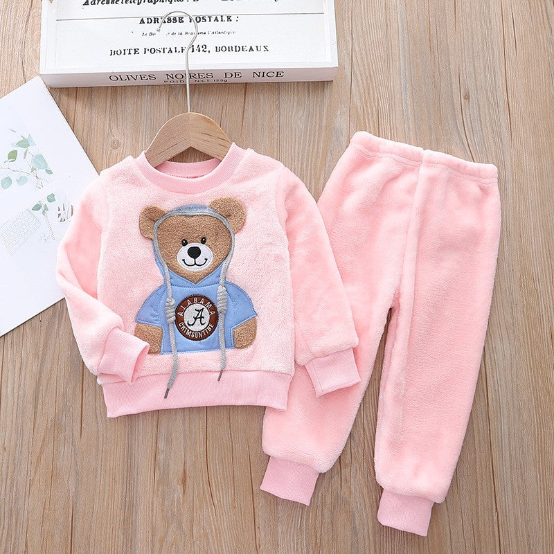 New Autumn Winter Baby Clothes Pajamas Sets Girls Pajamas Children Warm Flannel Fleece Catoon Bear Kids Sleepwear Home Suit 0-6Y