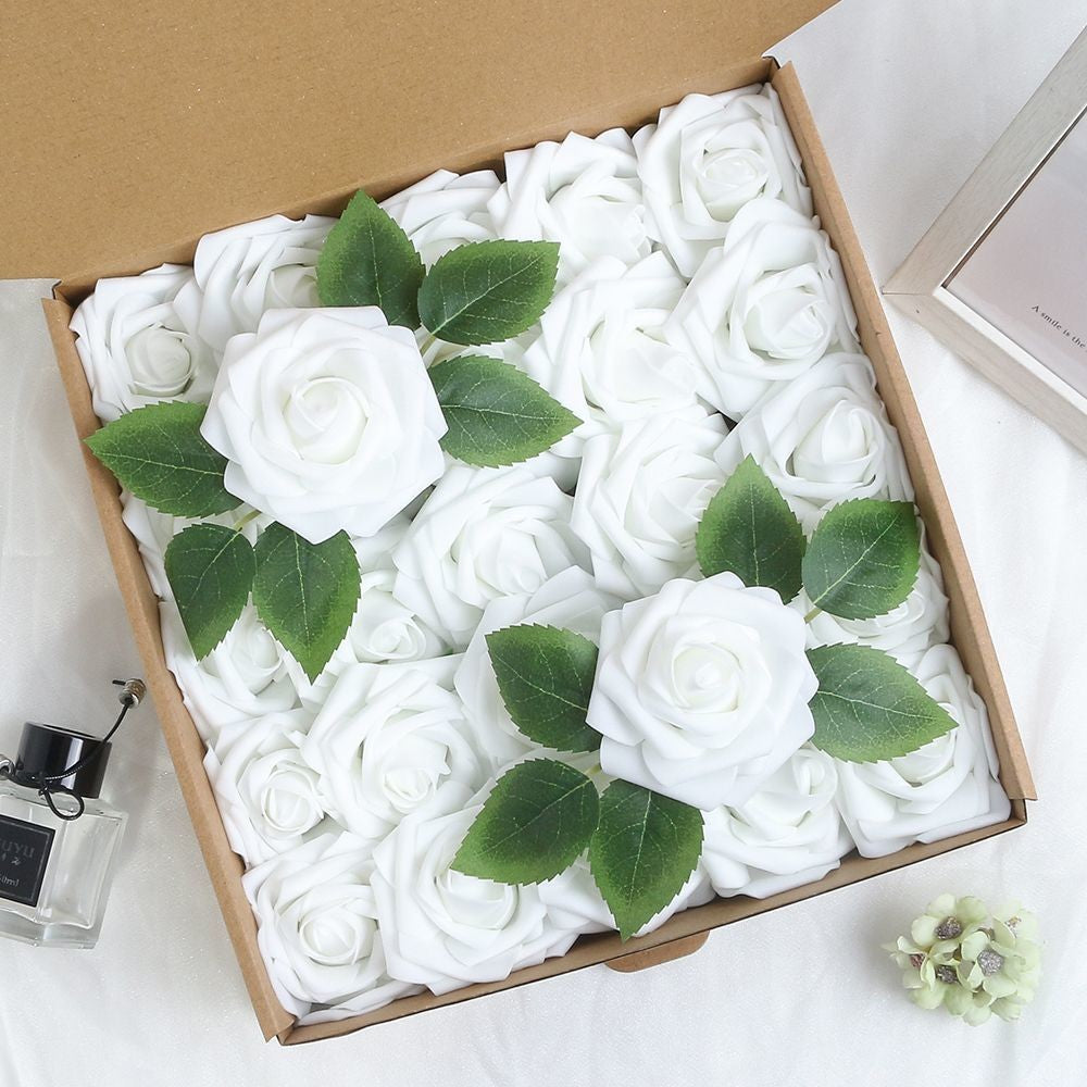 5-100pcs Fake Rose Flower Green Leaves for Valentine's Day Wedding Birthday Party Artificial Roses Heads with Stems Supplies