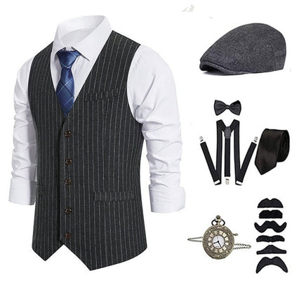 Mens 1920s Costume Mafia Gangster Carnival Costume Peaky Blinders, 20 Piece Accessory Set with Vest and Suspenders Pocket Watch