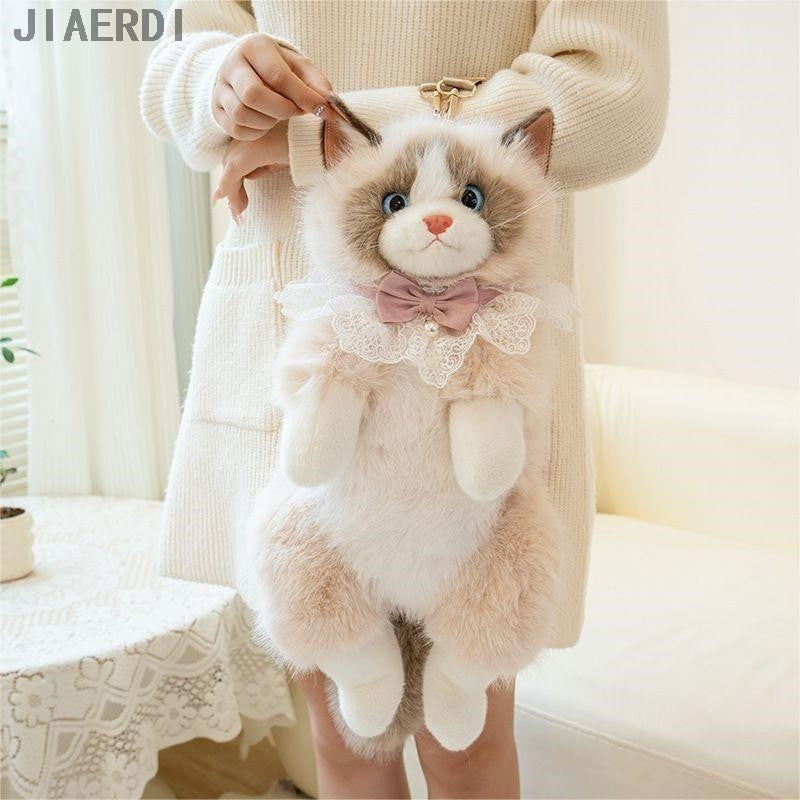 Mochila Nova e Fofa Realista de Ragdoll Feminina, Boneca de Pelúcia de Gato, Mochila Pequena de Lolita, Desenho Animado, Personalidade, Mochilas Chiques para Mulheres