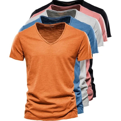 Plain Cotton Gym T-shirt Men Summer Fitness Clothing V-Neck Short Sleeve T shirt Slim Fit Tshirt Bodybuilding Workout Tees Tops