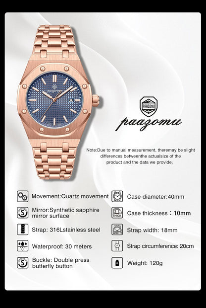 PAAZOMU Luxury Business Man Wristwatch Waterproof Luminous Date Men Watch Stainless Steel Fashion Quartz Watches For Men Reloj