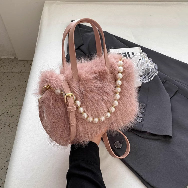 Winter Fashion Faux Fur Crossbody Bags for Women's Gift, Pearl Chain Decor Shoulder Bag, Ladies Handbags Top-handel Bag