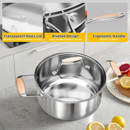 Conjunto de Panelas de Aço Inoxidável 5 Camadas com 10 Peças Incluindo Frigideira, Panela e Caçarolas para Indução e Todos os Fogões, Não-Aderente