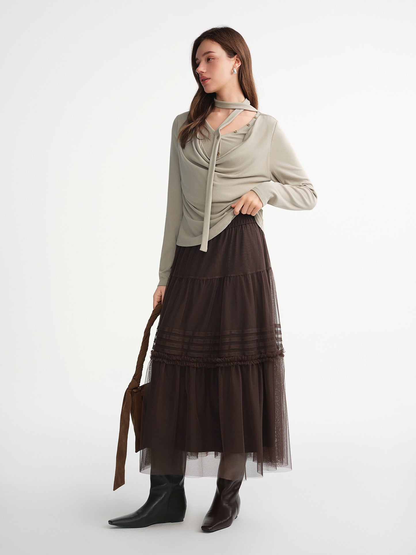 DUSHU Three-color Ruffled Mesh Skirt Women Pleated Mesh Straight Skirt Fairy Retro Gothic Cool Girls Elastic Waist Loose Fit