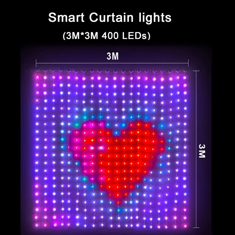 RGB Curtain String Lights Music Sync Text Display Fairy Light App Controlled DIY Christmas Curtain Light Wall Room Decor 3M