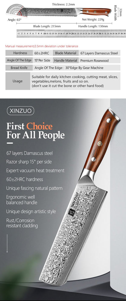 XINZUO 7PCS VG10 Damascus Steel Knife Set 67 Layers Rosewood Handle 60HRC Sharpness International Standard Gift Box Kitchen Tool
