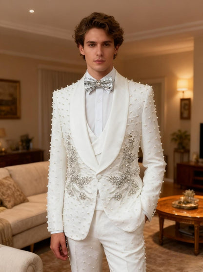 White Luxurious Pearls Suit Set 3 Pieces For Men Wedding Groom Sets Elegant Shawl Lapel Men's Suits Dancing Wear Party Tuxedo