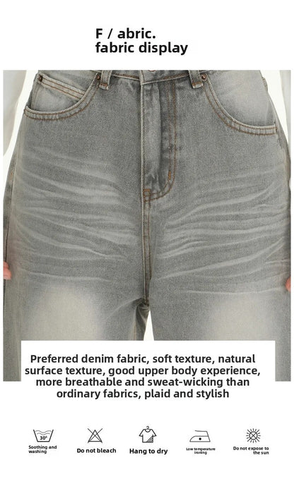 Gray American High Street Wide Leg Jeans Women Loose Drapey Slim Straight Floor-Length Pants High Waist Button Decoration