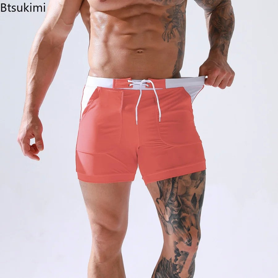 Men's Summer Swimwear Shorts Quick Dry Swimming Trunks Surf Board Solid Shorts Boxer Briefs Swimsuit Beach Sun Bathing Shorts