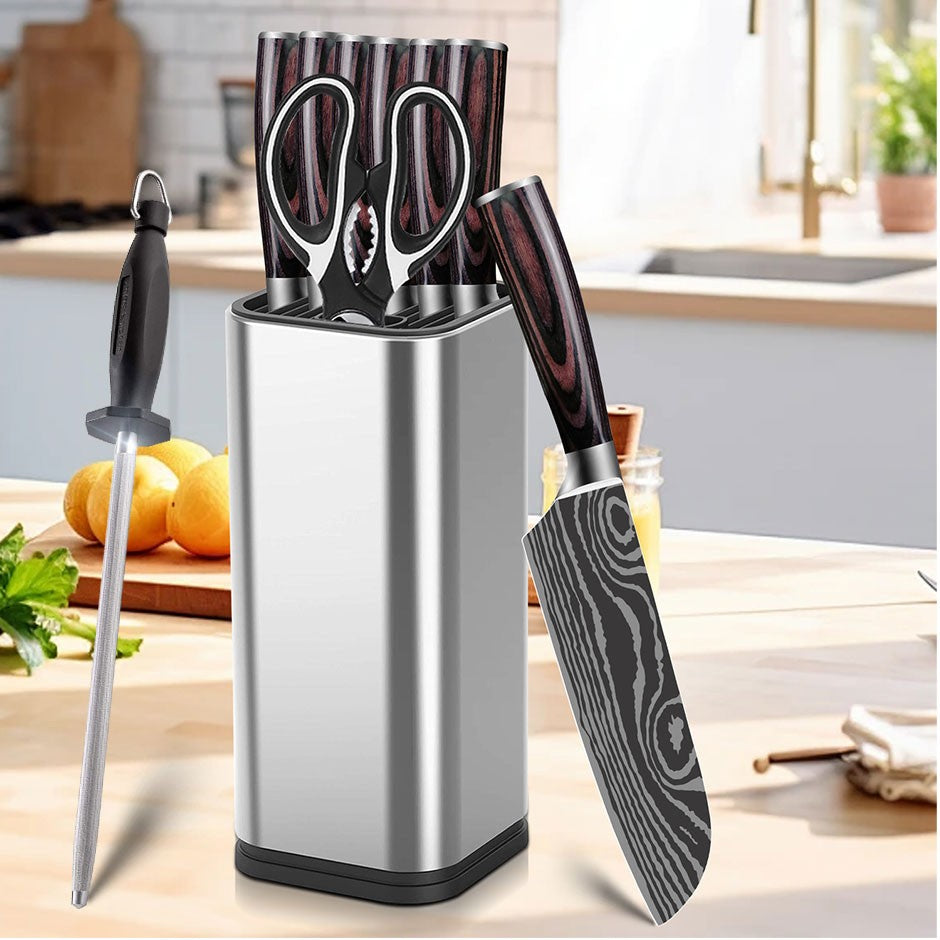 Conjunto de Facas Japonesas com Bloco e Amolador de 8 polegadas, Facas de Cozinha de Aço Damasco a Laser com Tesoura de Cozinha e Cabo de Madeira