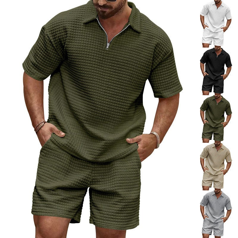 2024European and American Men's Spring and Summer Trends Youth Outdoor Lapel Small Plaid Short Sleeve Shorts Sports Suit
