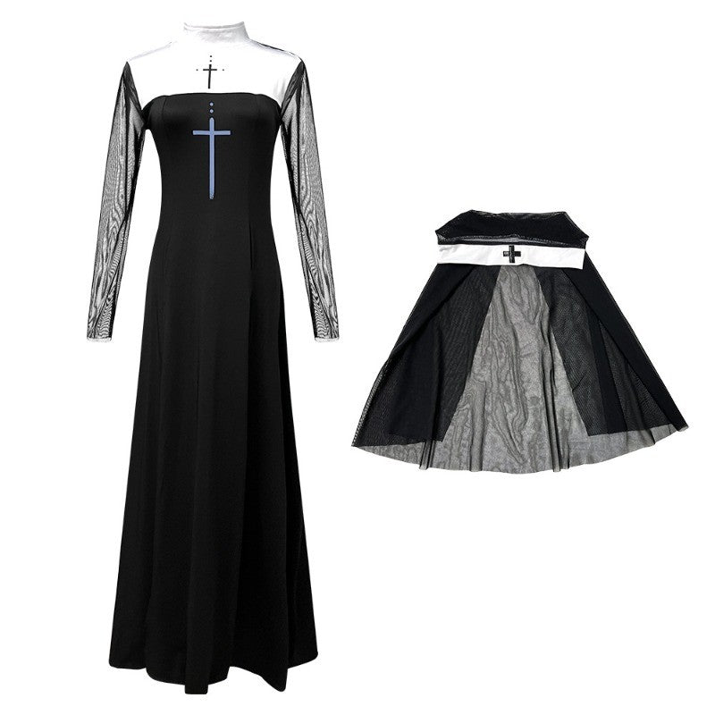 Sexy Nun Cosplay Costume Gothic Black Split Long Dress with Head Veil Halloween Carnival Party Fancy Dress for Women Nun