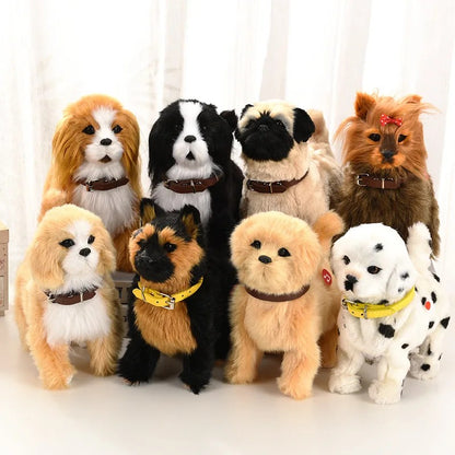 Novo brinquedo de simulação de cachorro elétrico com controle de voz, que anda, acena a cabeça, toca música e é um robô de pelúcia para crianças.