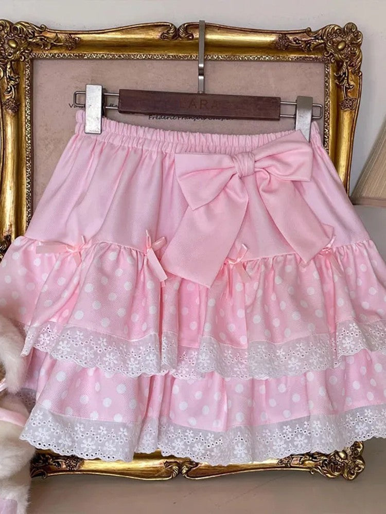 Zoki Kawaii Bow Cake Skirt Women High Waist Cute Dot Sweet Mini Skirts Fashion Casual Japan Female Solid Summer A Line Skirt New