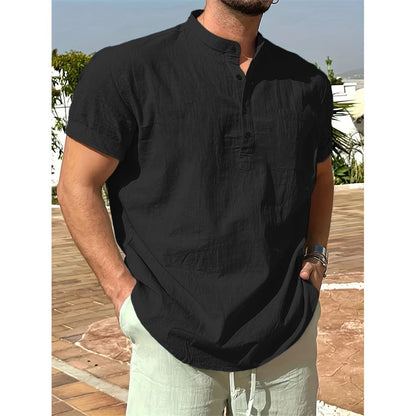 Summer Hot Sale Men's Cotton Linen T-shirt Henley Neck Casual Breathable Lightweight Solid Color Pocket Fashion Button Tops