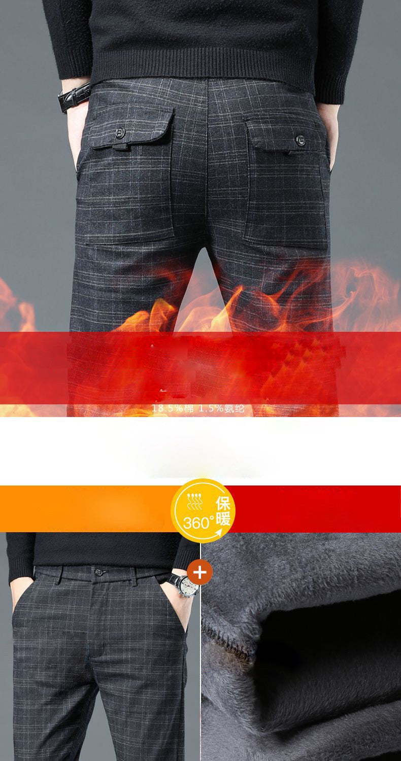 Calças de inverno forradas com lã, casuais masculinas, retas, compridas, listradas xadrez, de alta qualidade, de marca, para negócios