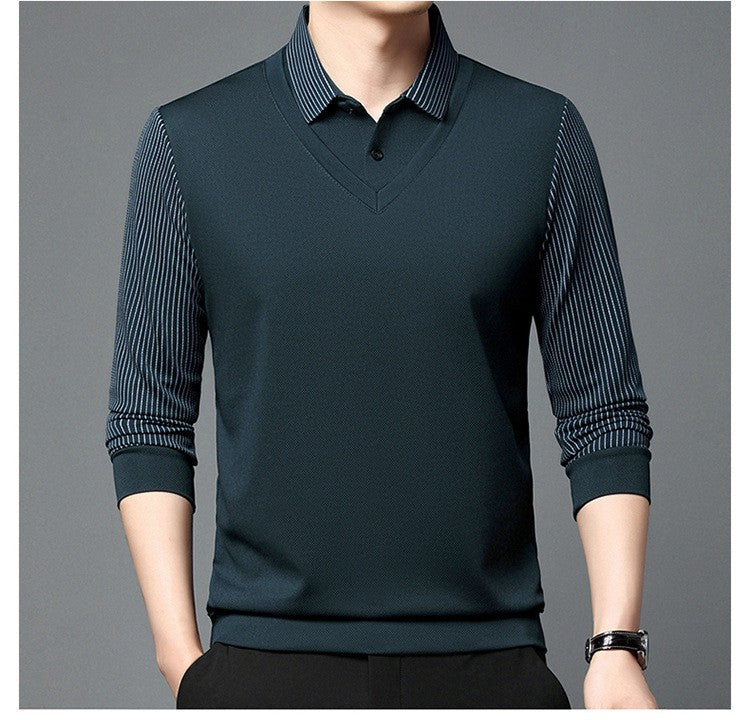 Fashion Fake Two-piece Men Long Sleeve Shirt Stripe Splice Lapel Loose Casual Pullover Tops 2025 Male Formal Business Polo Shirt