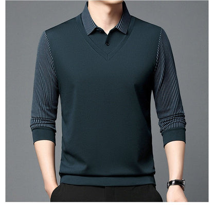 Fashion Fake Two-piece Men Long Sleeve Shirt Stripe Splice Lapel Loose Casual Pullover Tops 2025 Male Formal Business Polo Shirt
