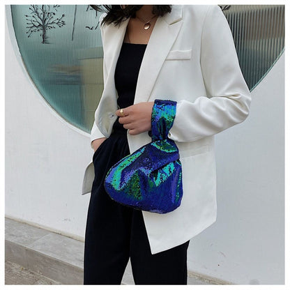 Ladies Trendy Fashion Reversible Sequin Evening Clutch Purse Women Girls Small Glitter Wrist Knot Bag