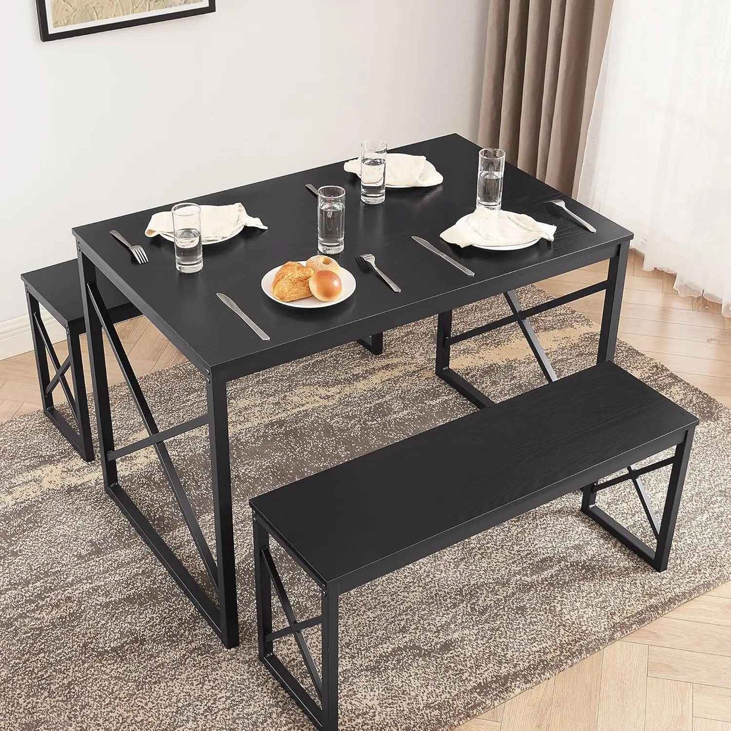 Wooden Kitchen Table Set with Metal Frame and 2 Benches for 4 People, Dining Set for Breakfast Nook and Small Spaces