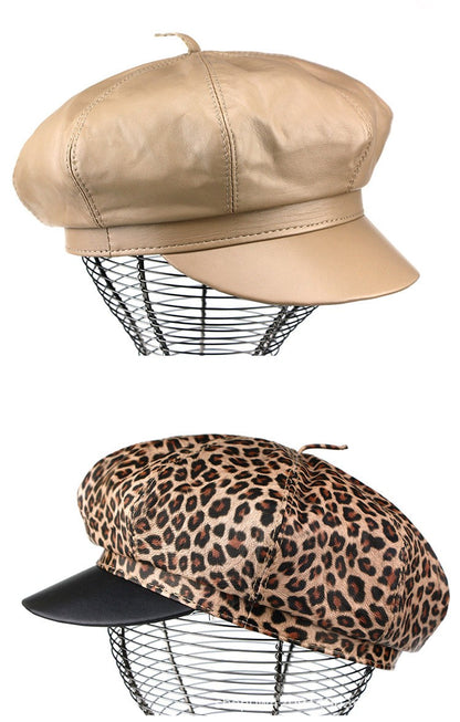 Autumn Winter Women's Genuine Sheep Leather Octagonal Beret | Leopard Print Trendy Painter Hat Celebrity Style Versatile Cap