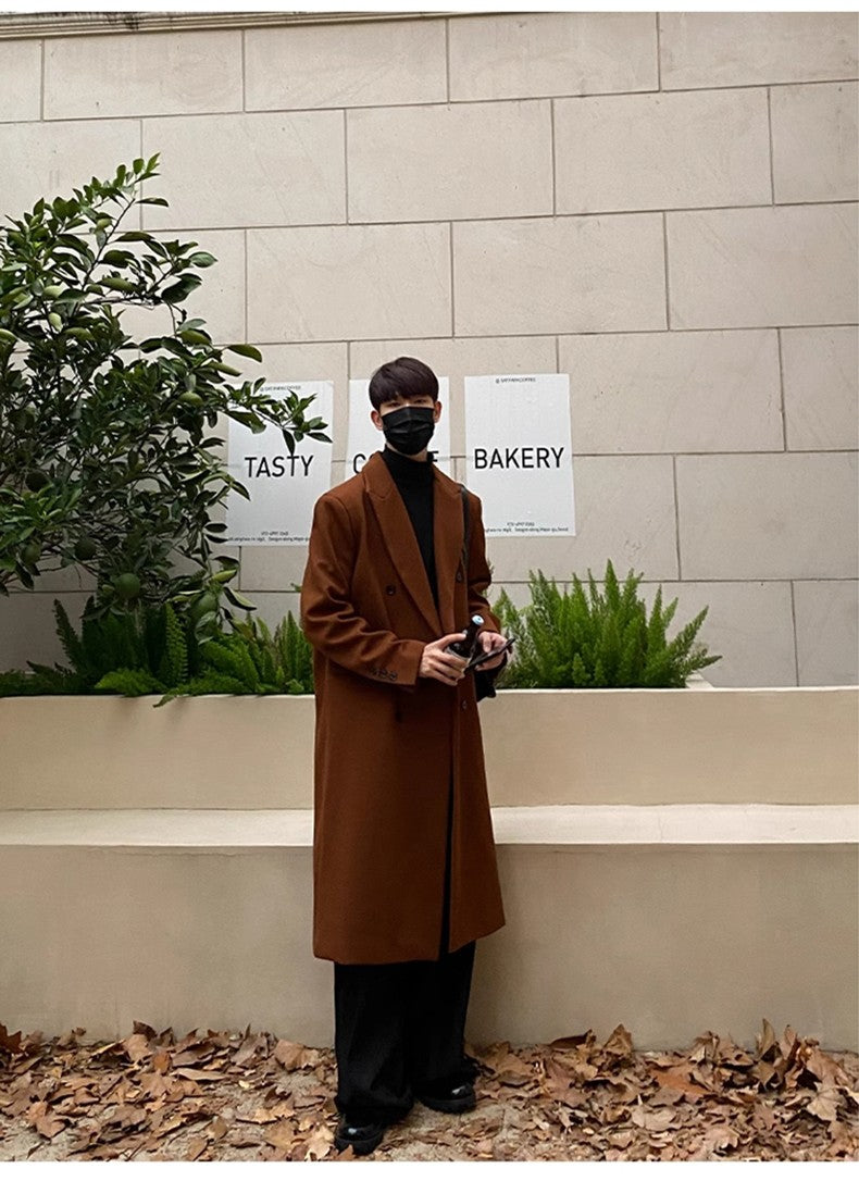 Mauroicardi Autumn Winter Long Warm Coffee Black Soft Woolen Coat Men Double Breasted Loose Casual Wool Blends Overcoat 2023