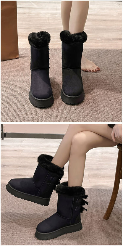 2024 Winter New Thick-soled Mid-tube Snow Boots Bow Furry Mouth Plus Fluffy Thick Cotton Boots Casual Everything