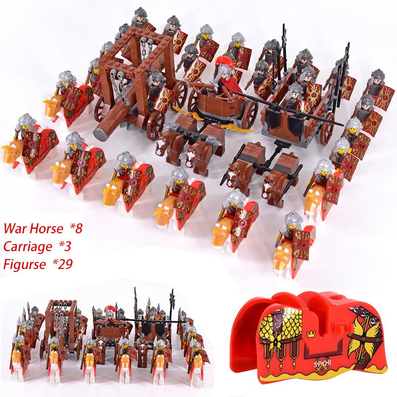 MOC Império Romano Exército Espartano Soldado Medieval Carruagem Blocos de Montar Tijolos Brinquedos de Capacete de Guerra Militar Antiga Para Crianças