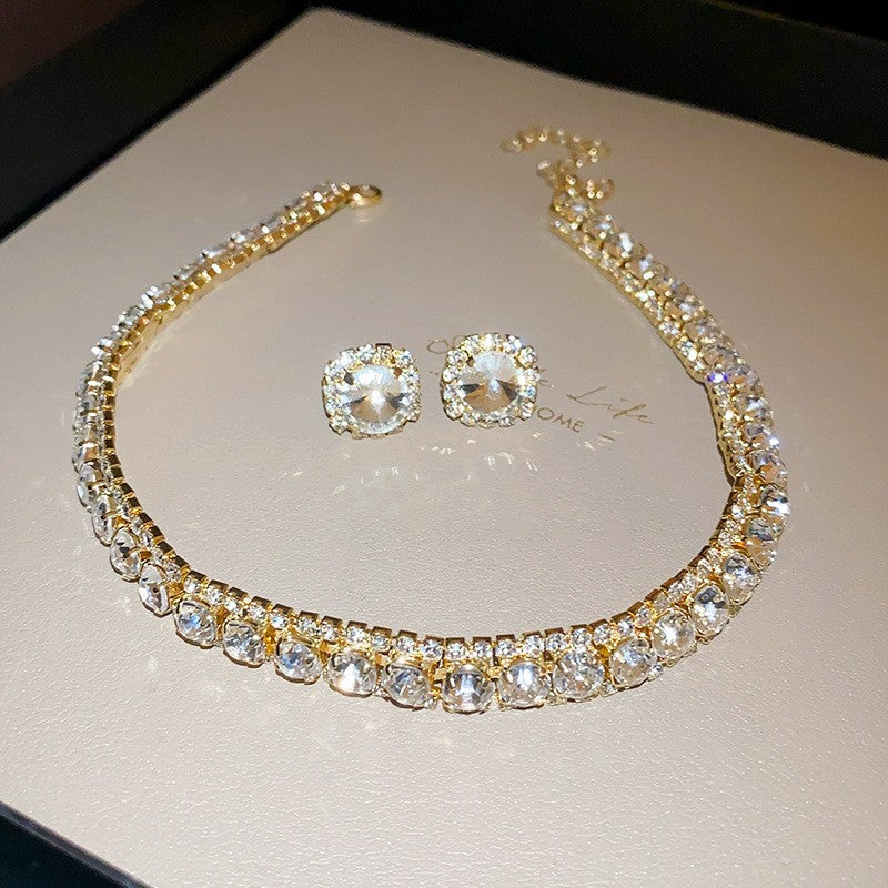 Conjunto de Joias Femininas com Colar de Luxo Verde Strass Brincos de Cristal Gargantilha Colares para Casamentos e Banquetes