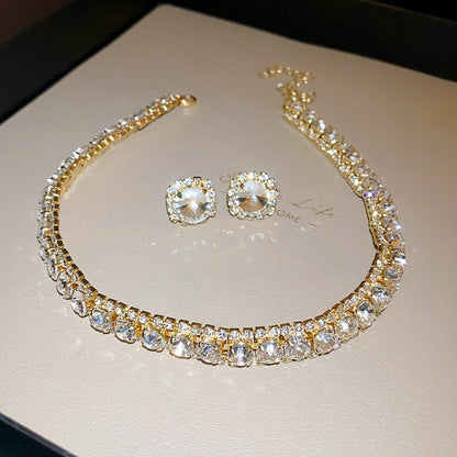 Conjunto de Joias Femininas com Colar de Luxo Verde Strass Brincos de Cristal Gargantilha Colares para Casamentos e Banquetes