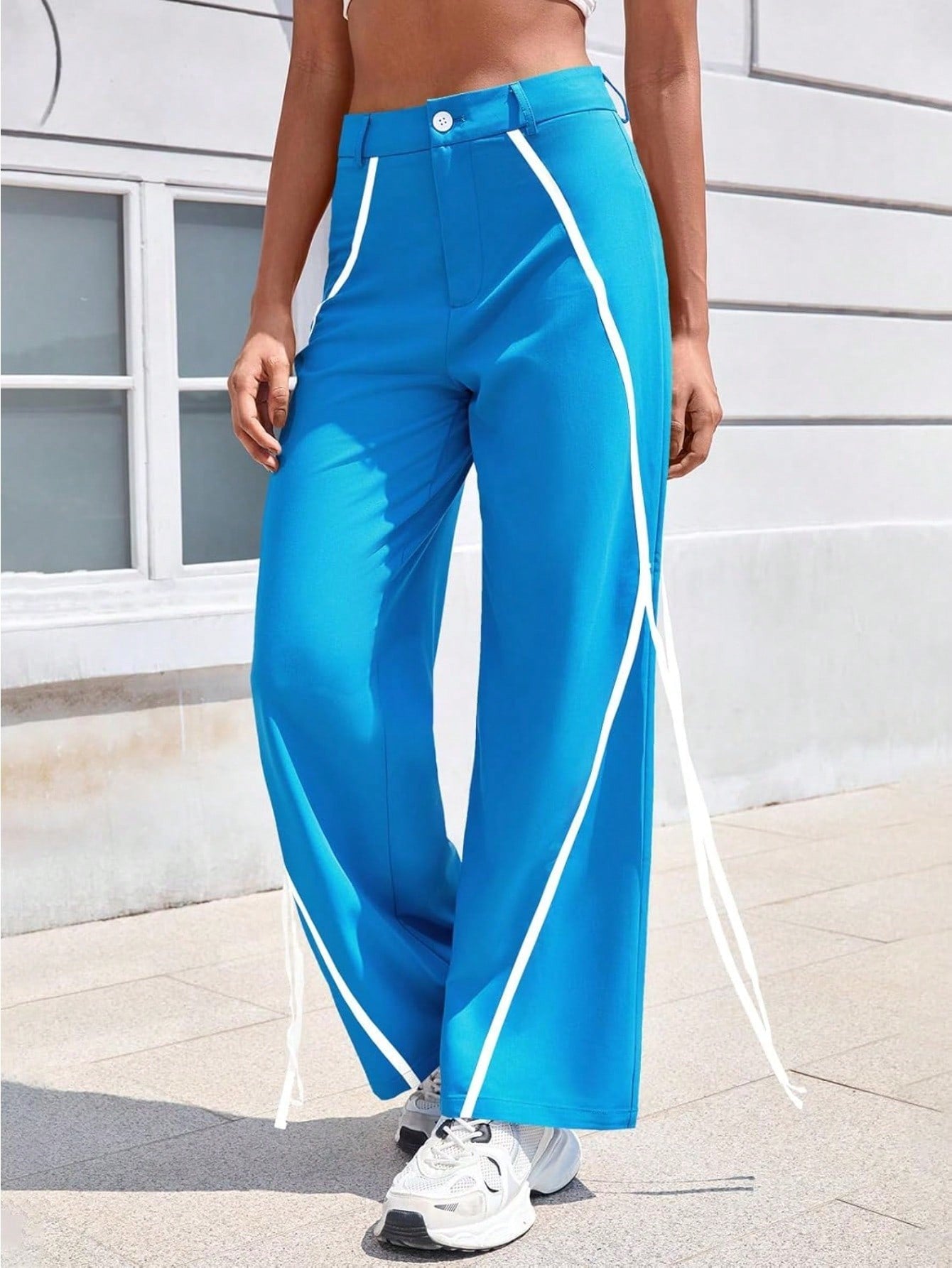 Fisoew Womens Casual Track Pants Straight Leg Trousers Splicing Line Wide Leg Pants Athletic Workout Sweatpants