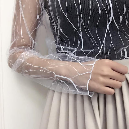 Lace Sheer Women‘s T-Shirt Fashion Mesh Summer Thin Bottom Shirt Transparent Long Sleeve Blouses Ladies Tops High Neck Tee Soli