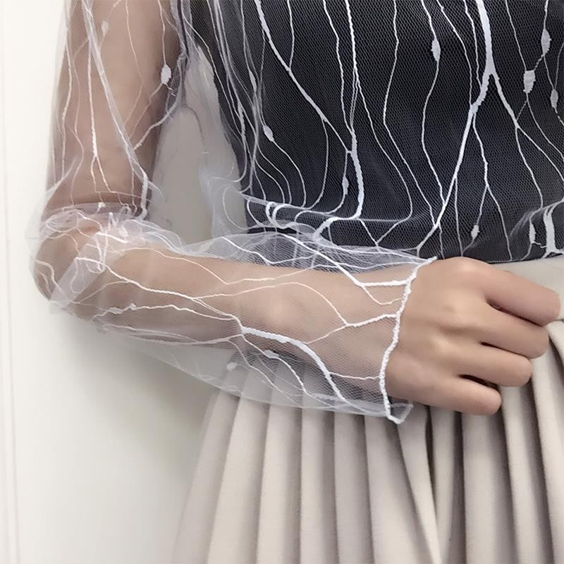 Lace Sheer Women‘s T-Shirt Fashion Mesh Summer Thin Bottom Shirt Transparent Long Sleeve Blouses Ladies Tops High Neck Tee Soli