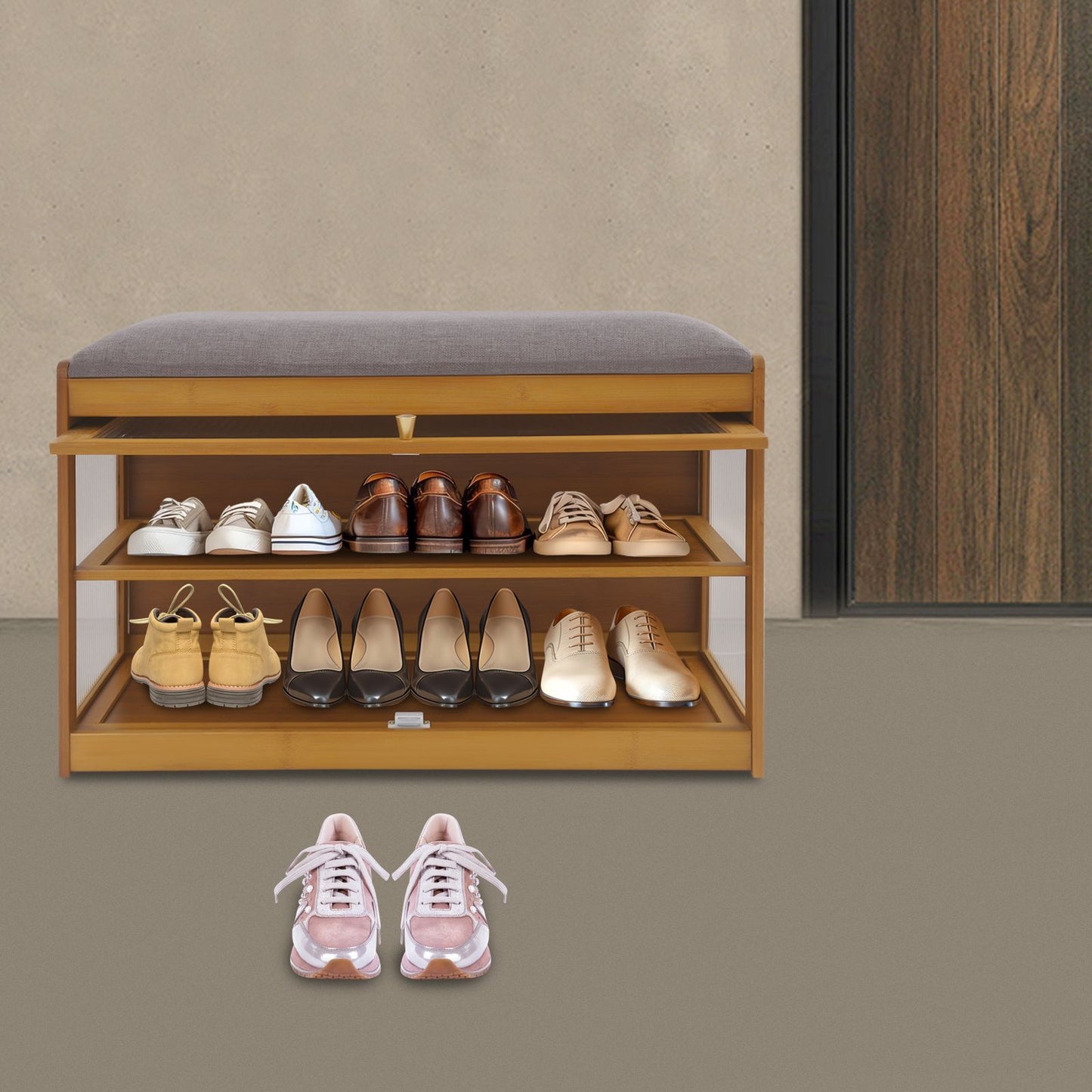 Brown Entryway Shoe Bench Shoe, Rack Bench with Cushion, Modern Hallway Sitting Stool for Home, Living Room, Porch