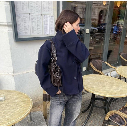 Elegant Stand Collar Woolen Jacket For Women Y2K Single Breasted Button Pockets Coat Lady 2025 Autumn Winter Street Chic Outwear