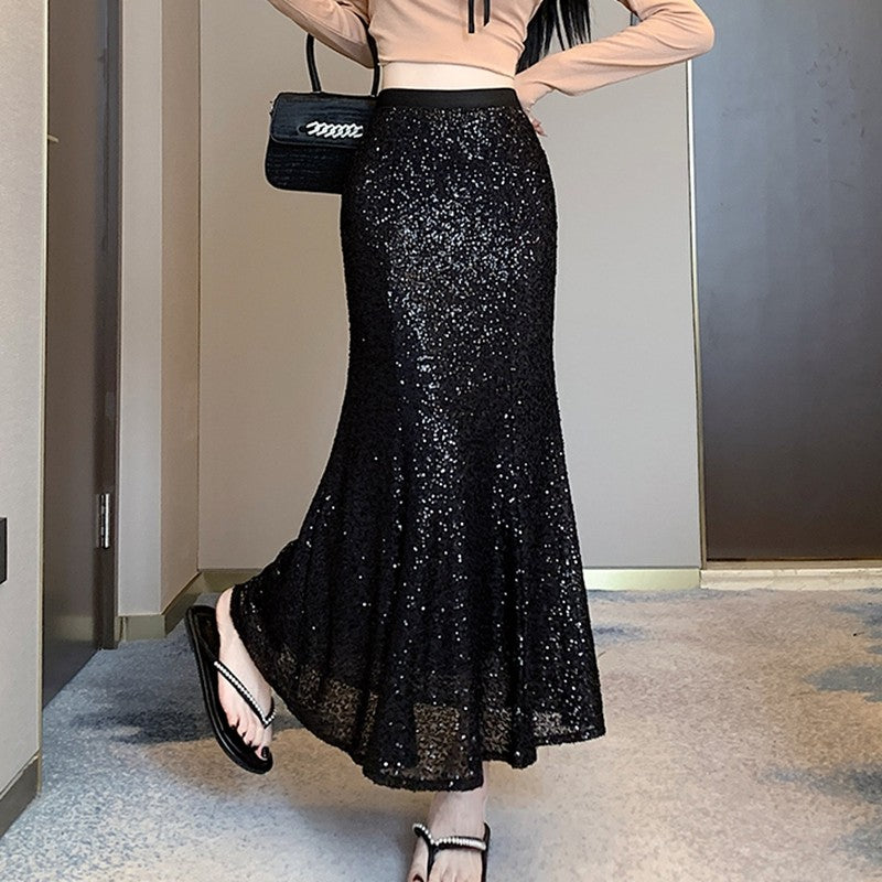 Elegant Sequined Long Black Skirts Women High Waist Party Club Faldas Largas Korean Fashion Y2k Clothes A Line Mid Length Skirt