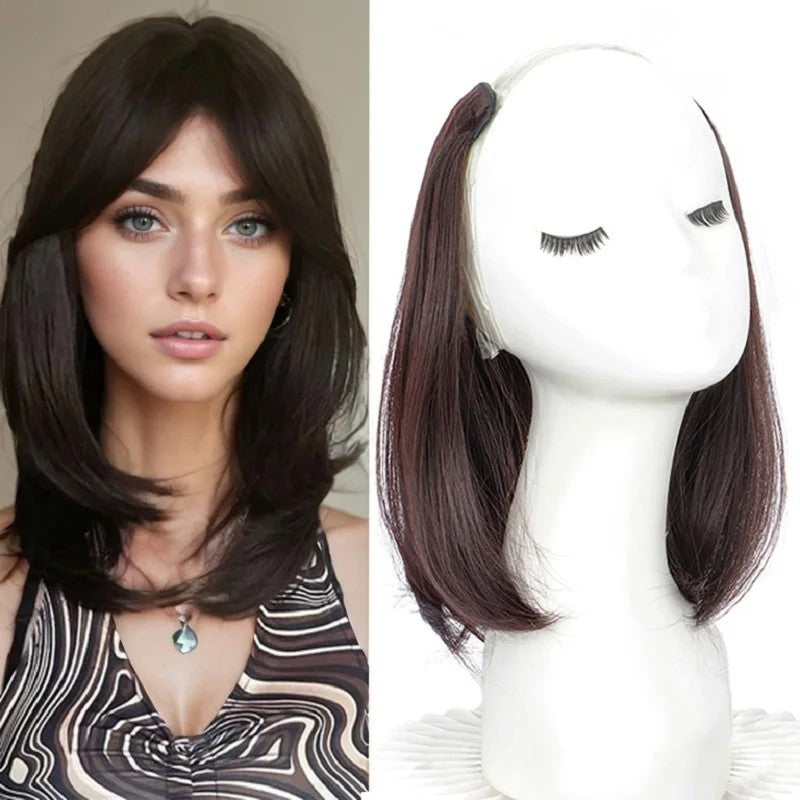 20/30cm Cabelo Sintético Curto Liso com Fivela Interna, Meia Cabeça em V com 4 Clipes, Aplique Invisível para Mulheres 2026