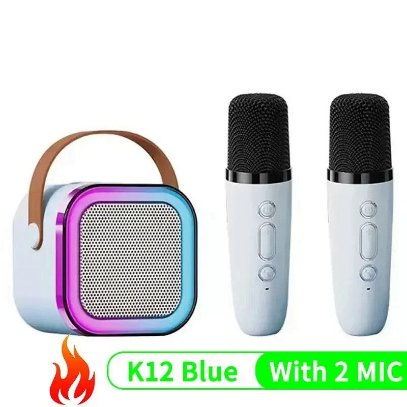 Máquina de karaokê K12 com 1/2 microfones sem fio portátil 5.3 sistema de alto-falante Bluetooth PA luzes RGB áudio doméstico KTV presentes infantis