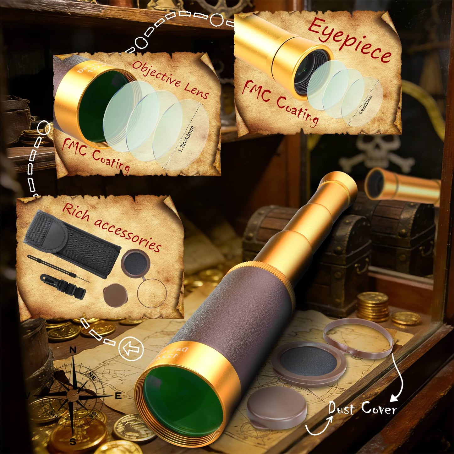 Datyson Metal Retro Pirate Series 12x43 Monocular Telescope 5D0008B Stretchable and Shrinkable